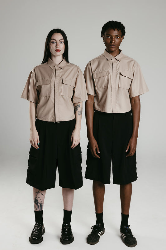 Sendai Beige Cropped-Designed Shirt